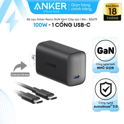 Bộ sạc Anker Nano GaN 100W GaN-1 cổng USB-C - Kèm Cáp sạc 1.8m USB-C to USB-C có thể sạc laptop, hỗ trợ PPS 2.0 - B2679