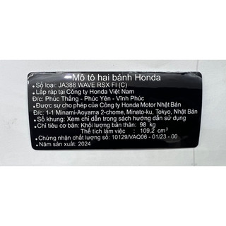 Tem thông số Wave Rsx hàng chuẩn Zin hãng