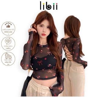 Áo lưới nữ tay dài hở lưng in hoạ tiết LIBII Áo kiểu nữ croptop xuyên thấu đan dây sau lưng LBTD14