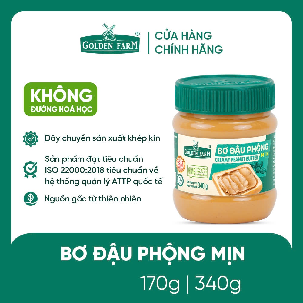 Bơ Đậu Phộng Mịn Golden Farm (170g/340g) thơm béo tự nhiên, hậu mặn ngọt hòa quyện, chất bơ sánh mịn