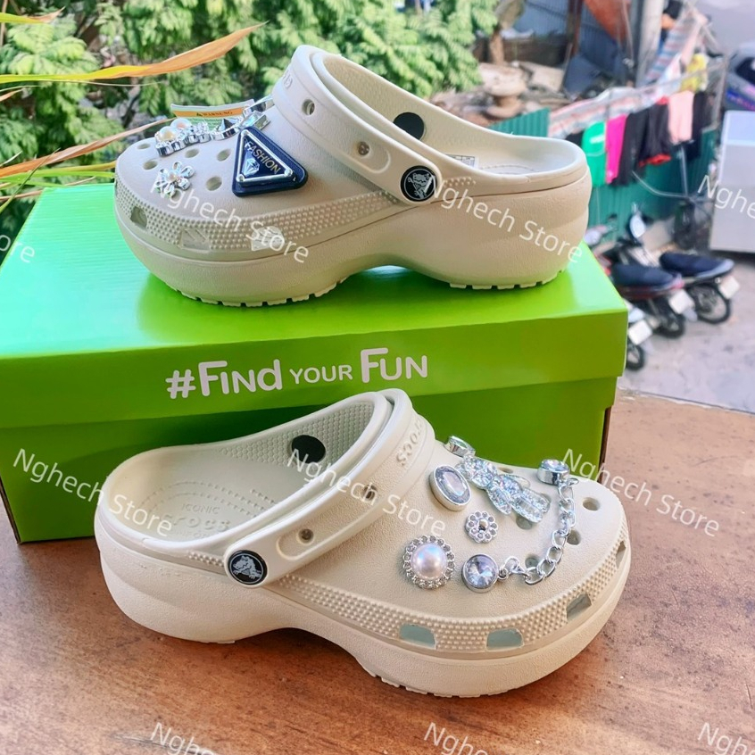 Dép Cross Classic Platform Clog - Dép Cross nữ đế cao 5cm mới nhất+charm như ảnh