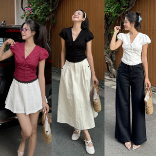 [RÁCH STORE] Áo Kiểu - 482 - Cổ V - Chiết Ngực - Cột Nơ - Lai Ren