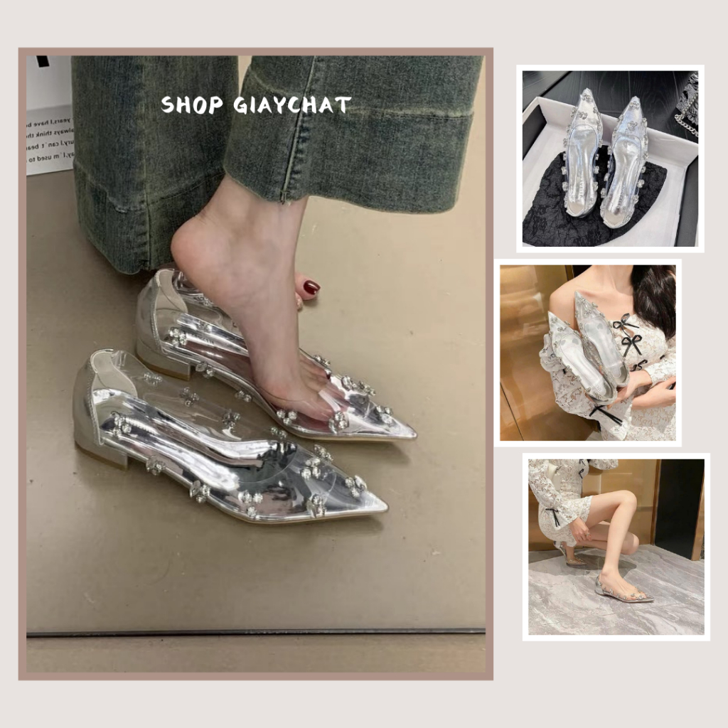 Giày Búp Bê Nữ Pha Lê, Giày Nữ Pha Lê Trong Suốt Đính Đá 2CM Full Box Bản S.Cấp Mã N06
