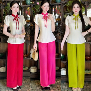 [FREESHIP] A101- Sét Bộ nữ mặc Tết 2025 áo cổ tàu kèm quần lụa hàn vải mềm mịn dày dặn, đi lễ tết đi du xuân 38kg-60kg M