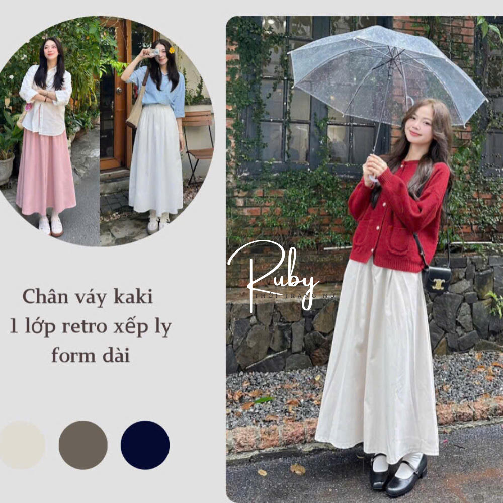  Chân váy dài chân váy dáng dài xòe chất KAKI có túi maxi 90CM có chun sau màu trắng đen hồng kem ulzzang - RUBY 