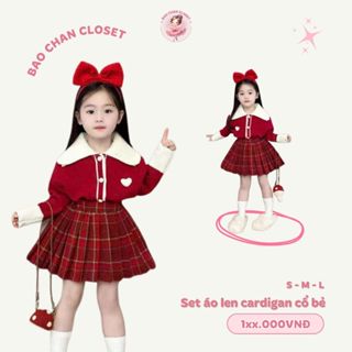 Set áo len cardigan cổ bẻ cài cúc mix chân váy dạ xếp ly cho bé gái đi chơi Tết, dự tiệc