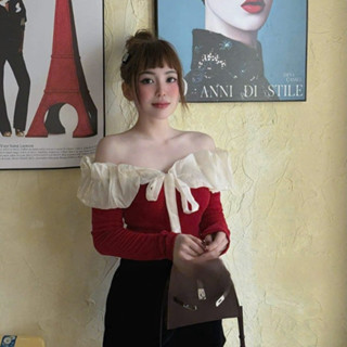  Áo trễ vai thun cotton phối bèo nơ trước ngực điệu đà nữ tính thanh lịch 