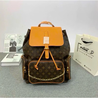 Balo đi học nam nữ size đại da Pu màu nâu vân hoa chữ monogram túi hộp nắp khoá phối xích boy phố