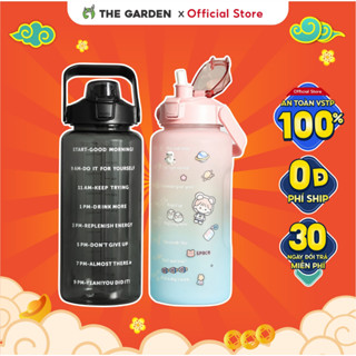 Bình nước 2 lít tặng Sticker THE GARDEN dành cho người lười uống nước, bình nước cute 2L có ống hút, vạch