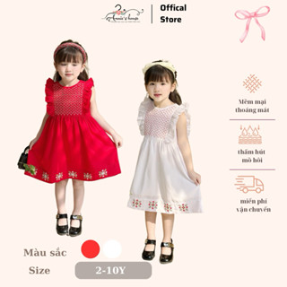 Váy thiết kế bé gái Annie's house - Đầm Thêu Gợn Sóng tay cánh tiên màu trắng đỏ cho bé từ 2-10 tuổi
