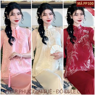 Pháp Phục Lễ Chùa Nữ, Mã Voan Tơ Thêu Khuy Bọc, Chất Liêu Áo Vải Chính Voan Tơ Thêu Vải Lót Habutai Quần Lụa Vân (PP100)