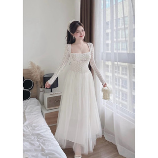  Váy ren phối tơ cổ vuông tay dài diềm ngực dáng xoè dài 2 lớp váy đi chơi đi tiệc sang chảnh V01 
