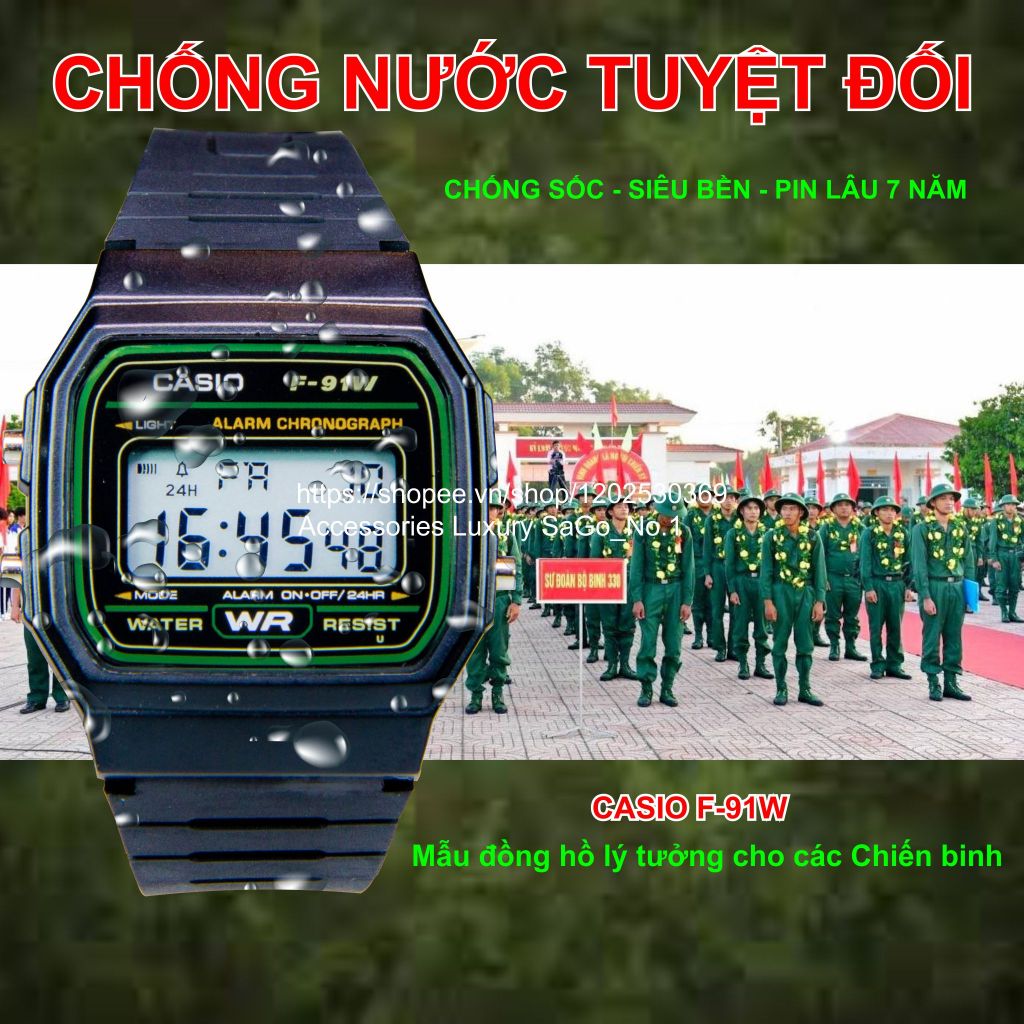 Đồng Hồ Nam/Nữ Casio F-91W3 .b.,. Chống Nước Tuyệt Đối, Siêu Bền, Pin Lâu 7 Năm, Chuông To