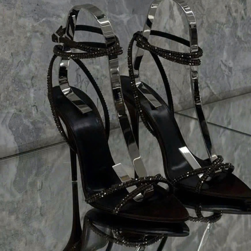 giày sandal full đá đen đỏ dây chéo mũi nhọn gót cao 8cm đến 12cm( dx,ddx)