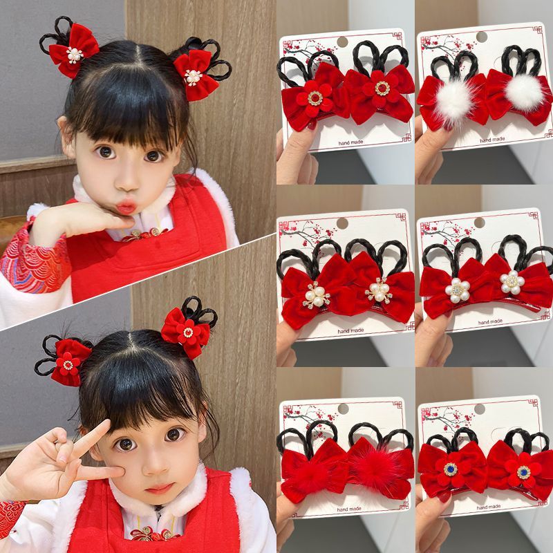 2 cái kẹp tóc nơ đỏ, kẹp tóc nơ có tóc giả, kẹp tóc dễ thương