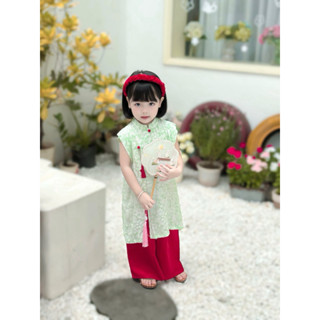 Set áo dài cách tân Trung Thu, Tết phối trắng xanh kèm charm và bờm (8-30kg) Đậu Kids Mom