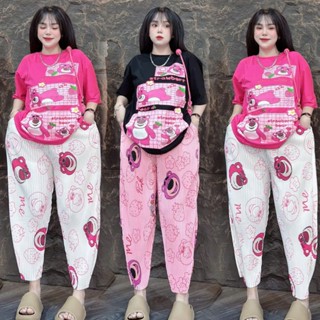 Set Bộ Thun GẤU DÂU Quần Baggy ngố Hàng Quảng Châu cao cấp chuẩn Loại 1, Bộ đồ Nữ BAGGY NGỐ GÂU hottrend outfit xu hướng