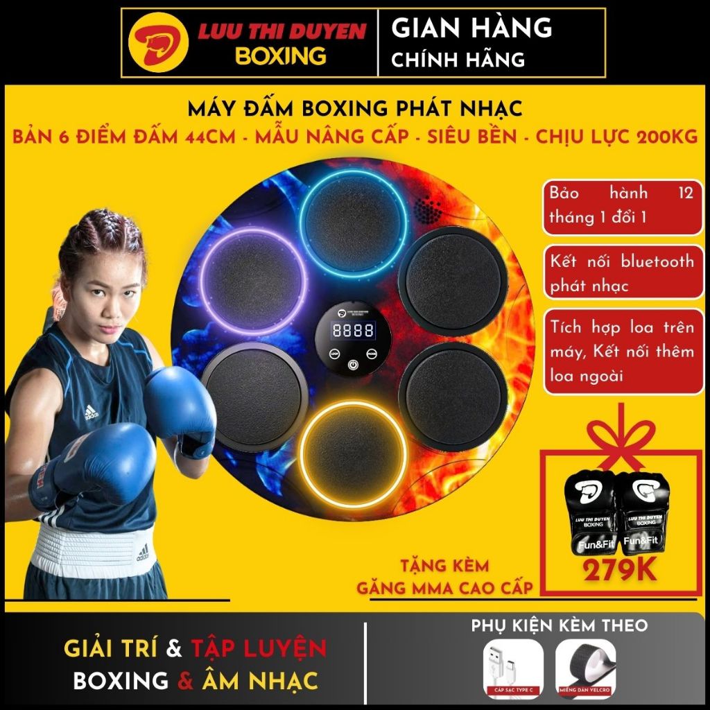  Máy đấm bốc gắn tường tại nhà máy tập boxing theo nhạc - 6 điểm đấm 44cm màu - Kết nối bluetooth - Lừu Thị Duyên Boxing 