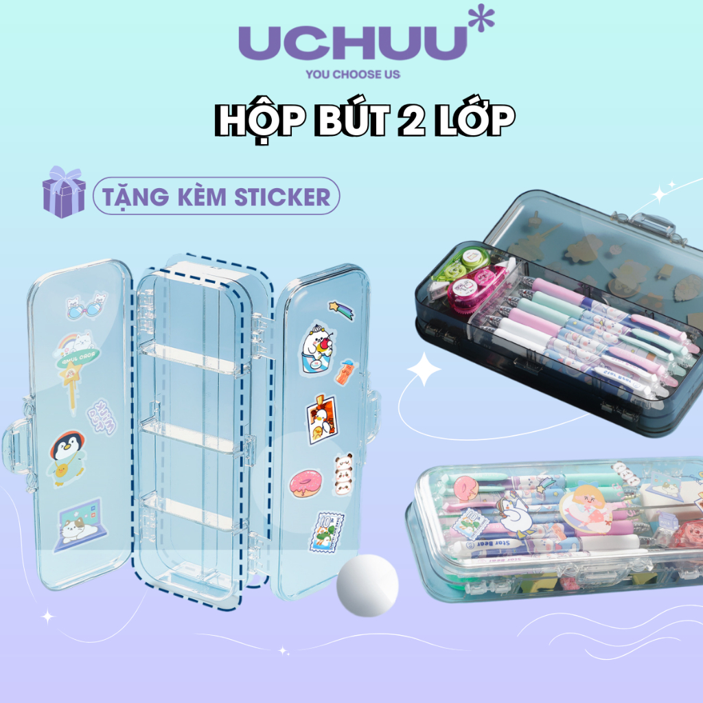 [Tặng Sticker] Hộp Bút 2 Lớp UCHUU Hộp Đựng Bút Thước Trong Suốt Hộp Trưng Bày Hai Mặt Nhựa Mica