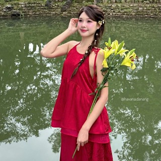 Set Yếm gấm phối voan tơ LỘ GIAI dáng babydoll phối dây buộc kèm chân váy HAVANA AD126