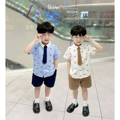 Set bộ sơ mi in tràn gấu Beemo kèm cà vạt vải thô lụa cao cấp thoáng mát cho bé trai từ 9-24kg 4625SHB