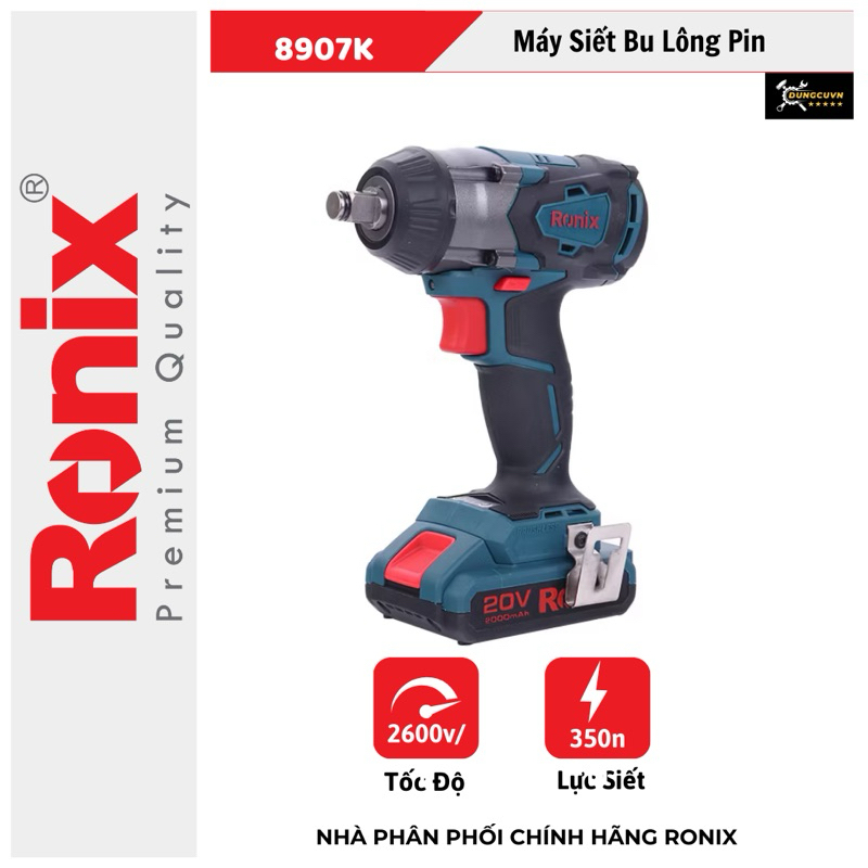 Máy Siết Bu Lông Pin 20V RONIX 8907K-4, Không Chổi Than, Dung Lượng 2.0Ah, Kích Thước ½\"