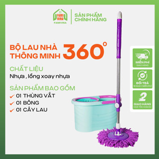 Bộ Lau Nhà Thông Minh 360 Độ Tự Vắt Thùng có bánh xe , Dụng Cụ Lau Nhà Bằng INOX, Kèm Cây Lau Và Bông Thay Cotton