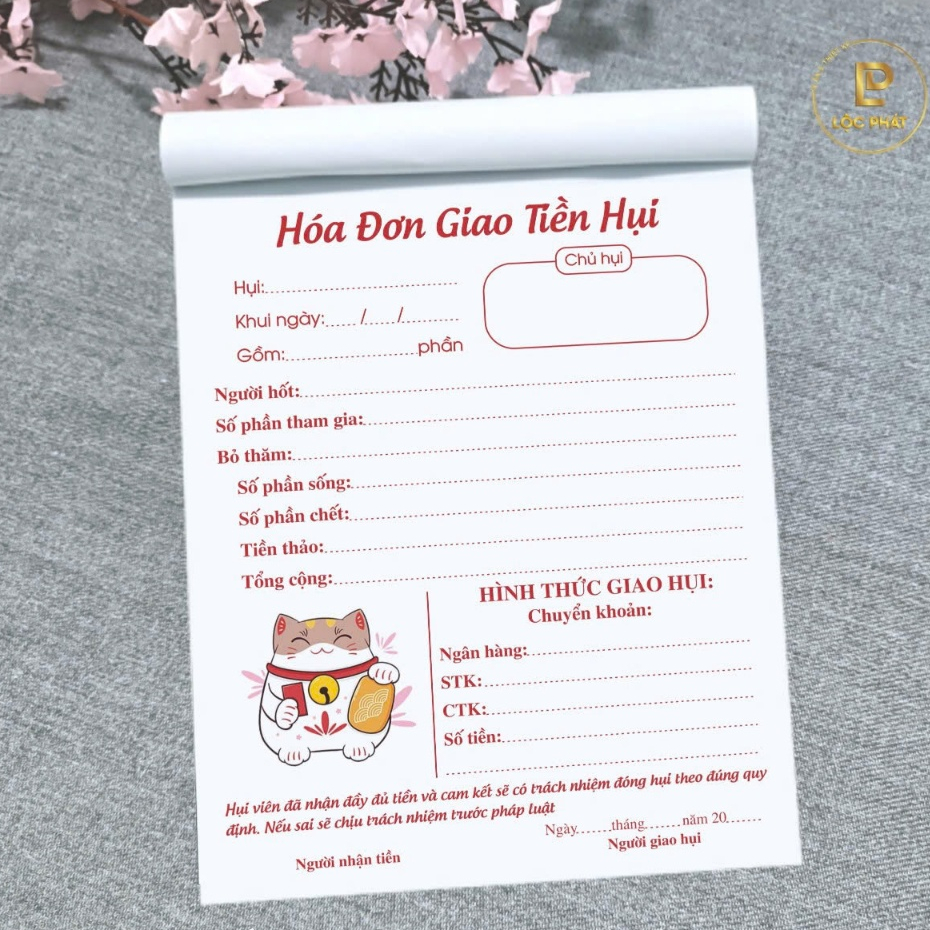 Giá giảm: Sổ hụi in 2 liên, Sổ A5, Biên lai giao hụi, Biên lai thu hụi nhiều mẫu thẻ vàng + tài lộc 
