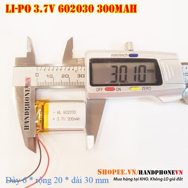Pin Li-Po 3.7V 300mAh 602030 (Li-Polymer) cho loa Bluetooth, định vị GPS, máy ghi âm, camera hành tr