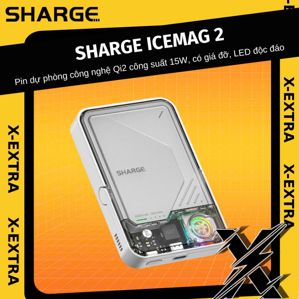 Pin dự phòng không dây Sharge ICEMAG 2 công nghệ  Qi2 công suất 15W, có giá đỡ, LED độc đáo, cải thi
