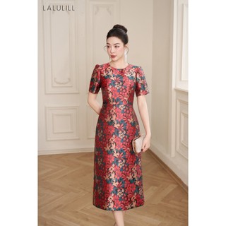 Đầm liền LALULILL mặc tết dáng A, cổ tròn, tay bồng nhẹ hoạ tiết hoa đỏ LDL2450201