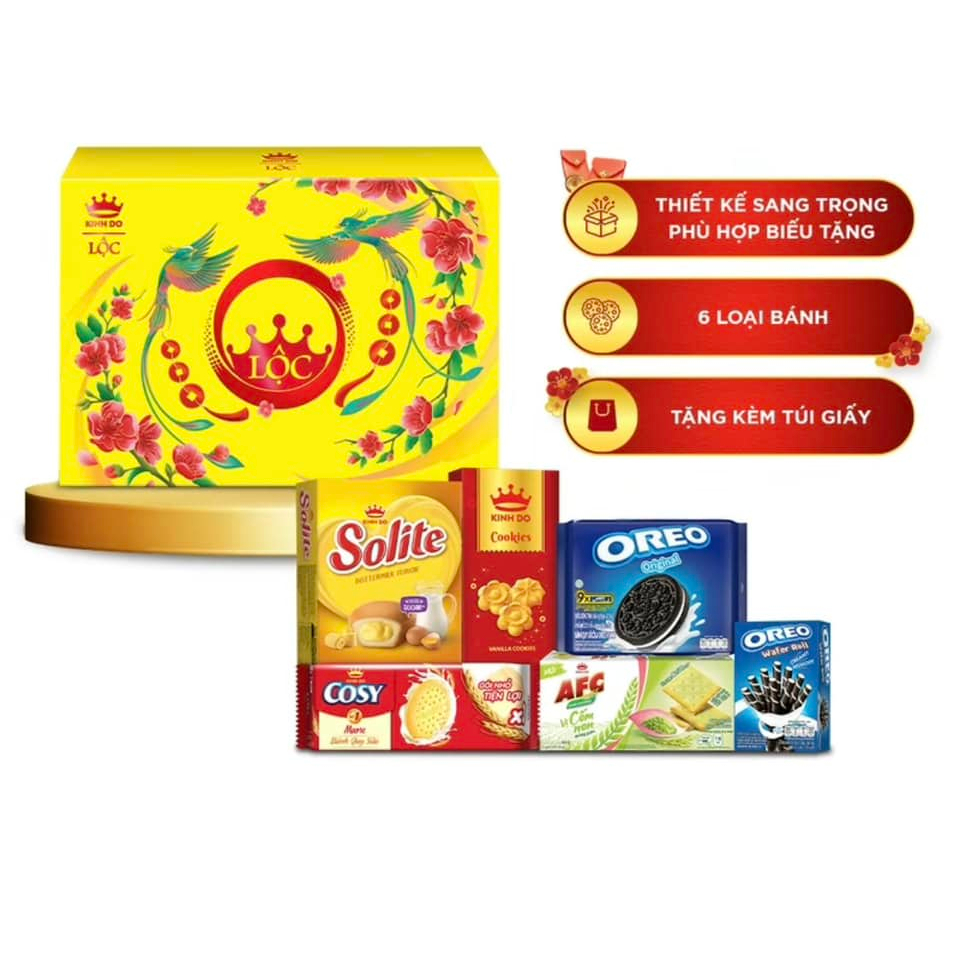 Hộp quà Tết bánh kẹo KINH ĐÔ - LỘC 6 hộp bánh (Kèm túi giấy)