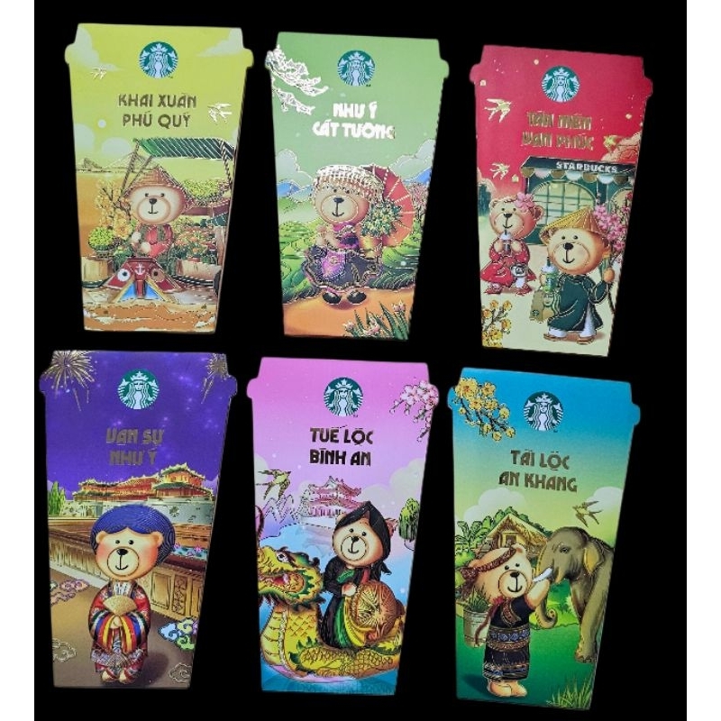sưu tầm 1 bộ 6 bao lì xì Starbucks Vietnam New Year of The Snake Ất Tỵ 2025 Lucky Money Envelope +mi