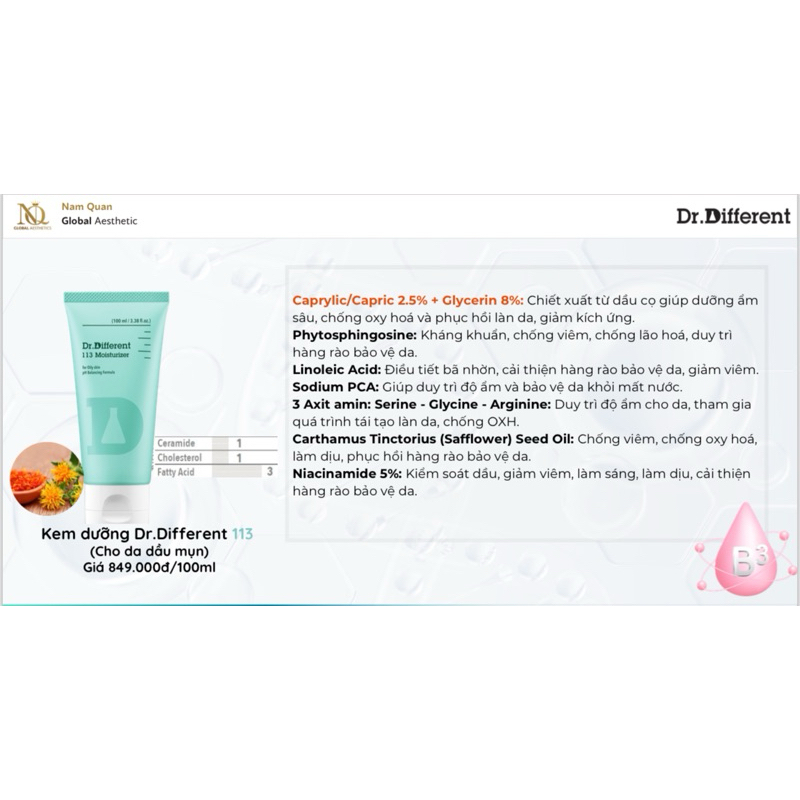 (ĐMN) Cty - Dr.Different Kem dưỡng Dr.Different 113 (Cho da dầu mụn) 100ml