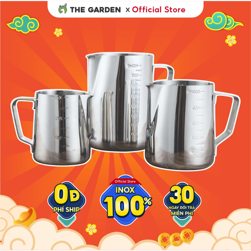 Ca đánh sữa inox (có vạch chia) 350ml - 550ml - 900ml (100% inox 304) - THE GARDEN