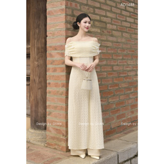 Áo dài ren cách tân trễ vai Giian thiết kế 2 tà cách điệu bèo ngực đính hồ điệp cao cấp - AD1488