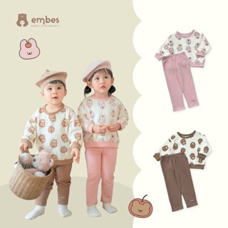 Bộ Nỉ Cho Bé Embes, Bộ Nỉ Dài Tay  Phối Quần Legging Chất Cotton Cho Bé Trai Bé Gái Size 8kg-18kg