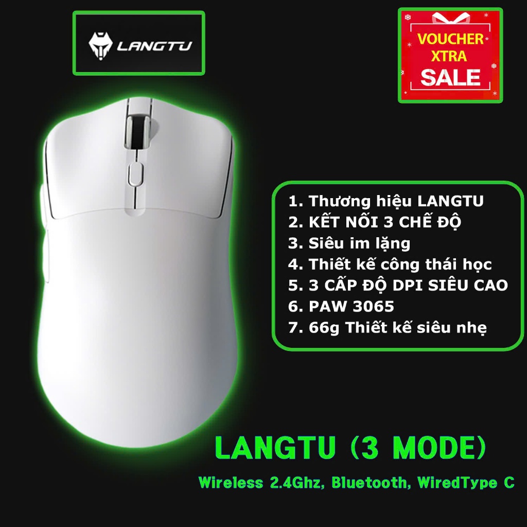 Chuột Gaming Không Dây LANGTU T6 Siêu Nhẹ Chip Paw3065 Cực Mạnh 3 Chế Độ Kết Nối Bluetooth 2.4G usb | BigBuy360 - bigbuy360.vn