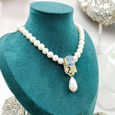 Vòng Cổ Ngọc Trai 7ly Mặt Đá Xanh Giọt Nước Xinh Xắn, Sang Trọng - Ngọc Trai Trường Thịnh