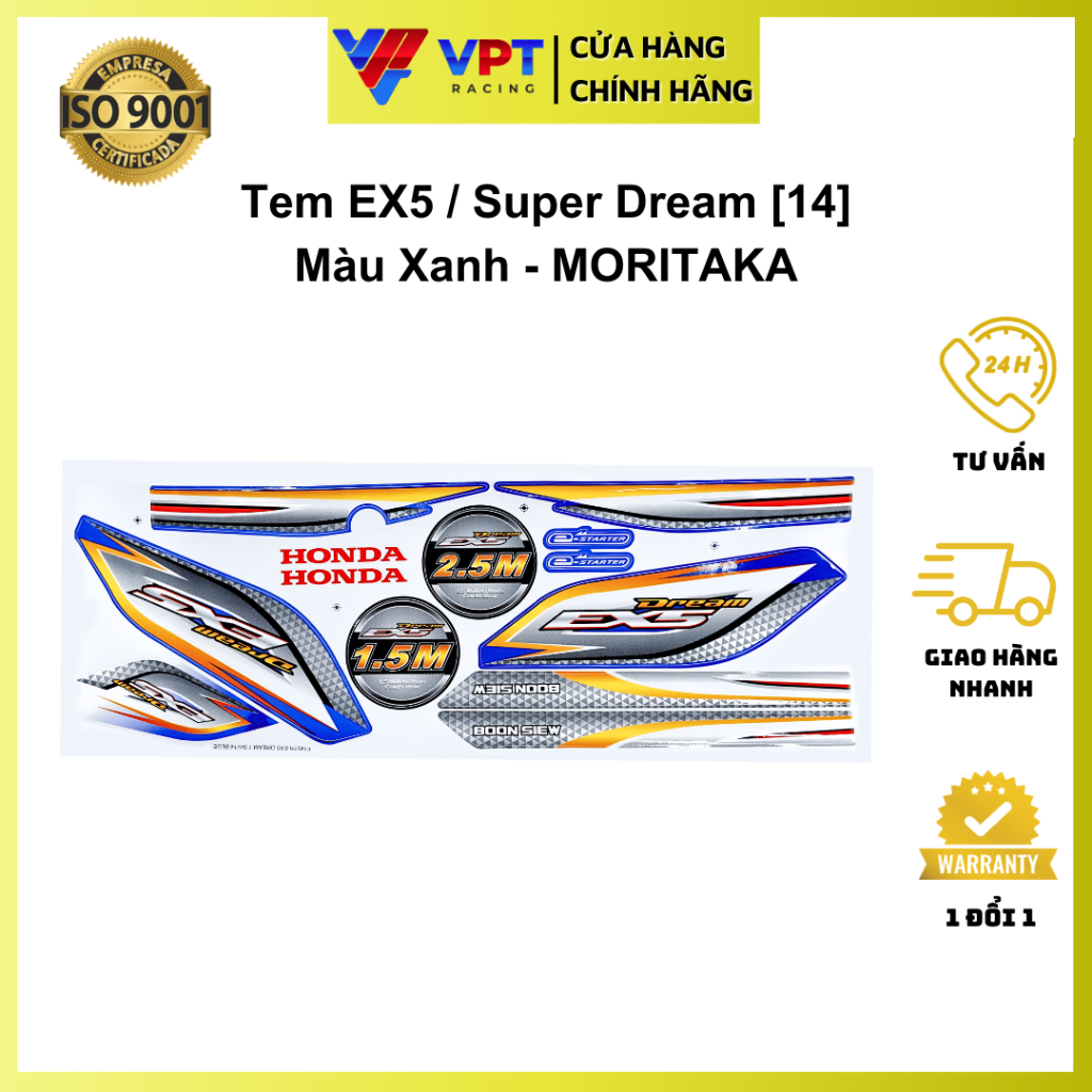 Tem Super Dream, EX5 xanh chính hãng MORITAKA F1451H-EX5