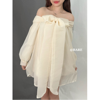 BARE_Đầm ngắn nữ kiểu áo dấu quần, áo babydoll trễ vai tay bồng xòe thắt nơ 2 lớp chất voan tơ- D03