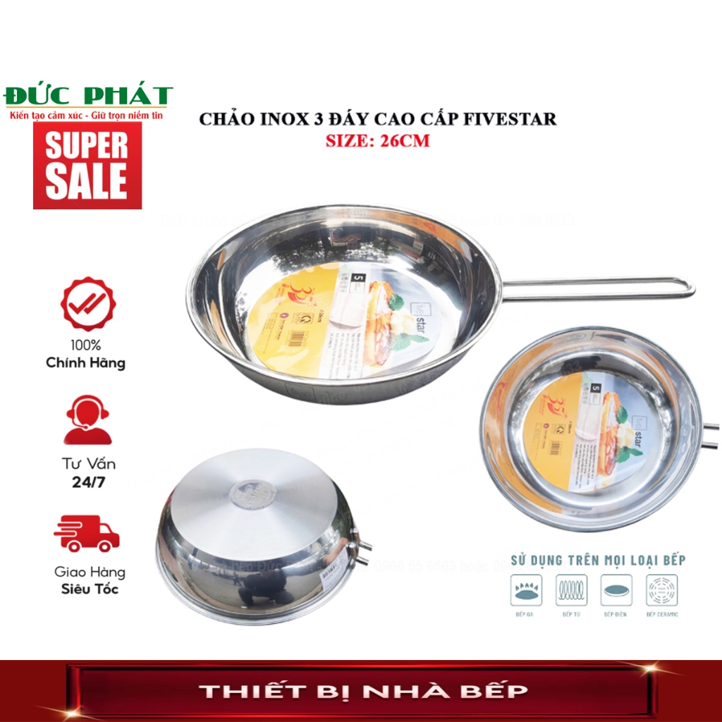 Chảo Inox Five Star Đáy 3 Lớp Chống Dính Tự Thân, Không Hóa Chất Siêu Bền, Phù Hợp Mọi Gia Đình