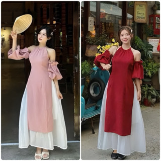 Sét Áo Dài Cách Tân Cổ Yếm Tay Phồng Chất Nhung Tăm Kèm Chân Váy
