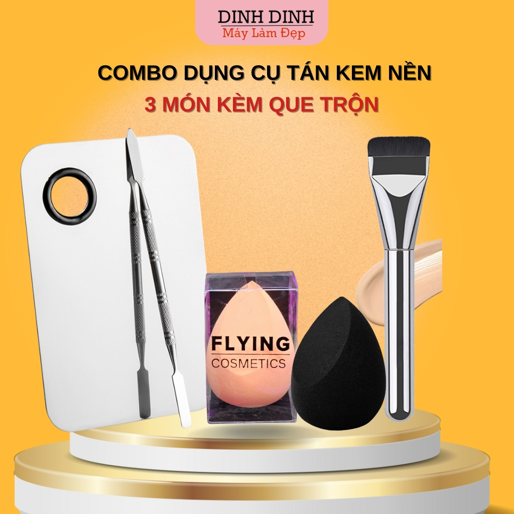 Combo Tán kem nền 3 món: Khay trộn nền kèm Que trộn, Cọ tán nền, Mút tán nền Cao cấp dùng Makeup