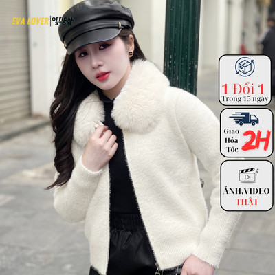 Áo khoác len cổ lông Evalover mã 891, thiết kế kéo khóa, chất len mềm mịn cực ấm