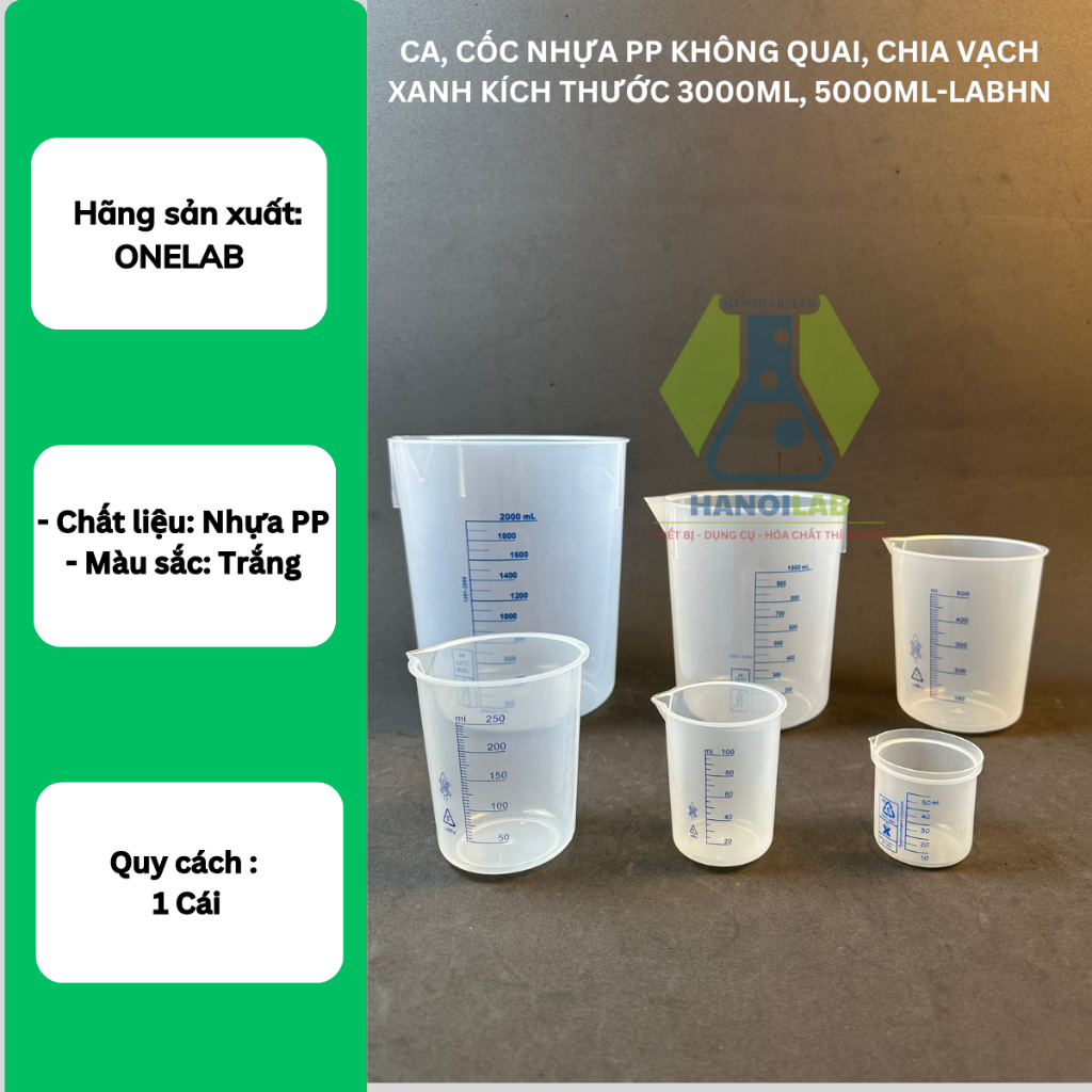 Ca, cốc nhựa PP không quai, chia vạch xanh kích thước 3000ml, 5000ml-LABHN