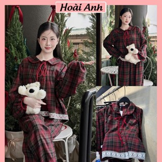 Set Bộ Đồ Nữ Áo Tiểu Thư Cổ Sen Dây Buộc Kẻ Caro Xanh Đỏ Phối Viền Ren Mix Quần Suông Ống Rộng Freesize