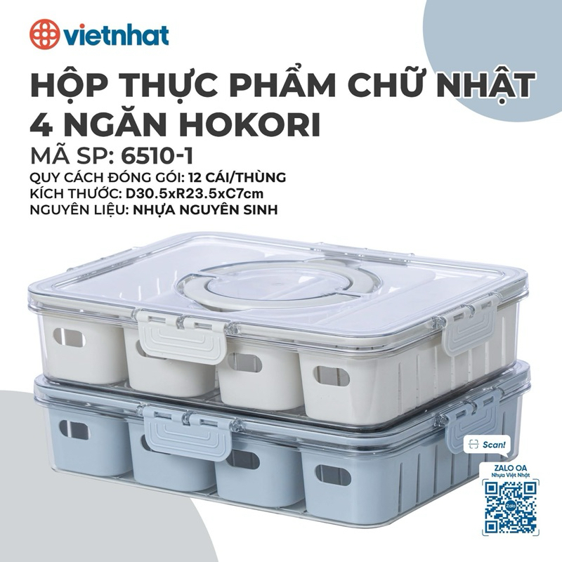 Hộp thực phẩm chữ nhật 4 ngăn Hokori 6510 Việt Nhật cao cấp - Hộp 4 ngăn có quai xách, nắp đậy kín, 