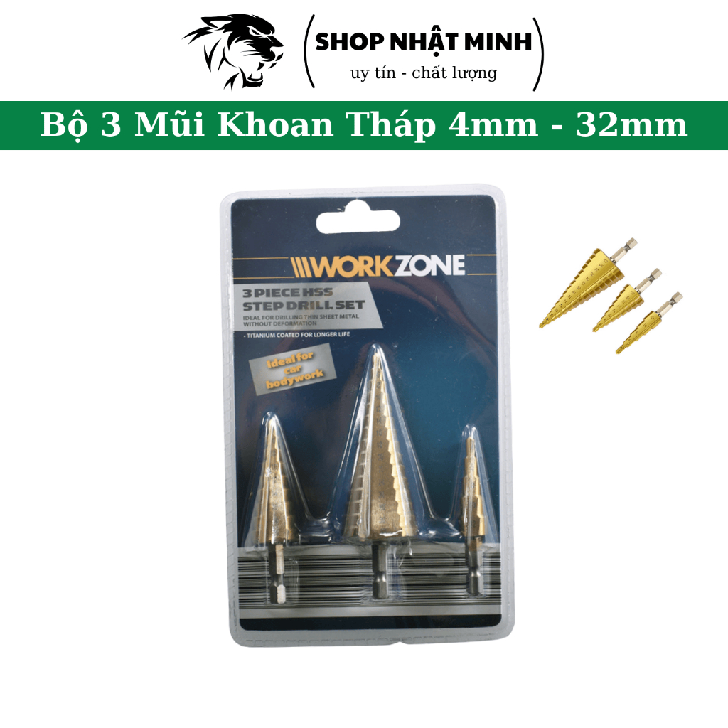 Bộ 3 Mũi Khoan Tháp HSS Mạ Titan Chuôi Trụ, khoan tháp 4mm - 32mm