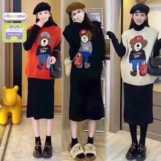  Set váy bầu Thỏ Gile 2 Món Váy Len Cổ Lọ Mix Áo Gile Chất Nỉ Pe Dầy Dặn 